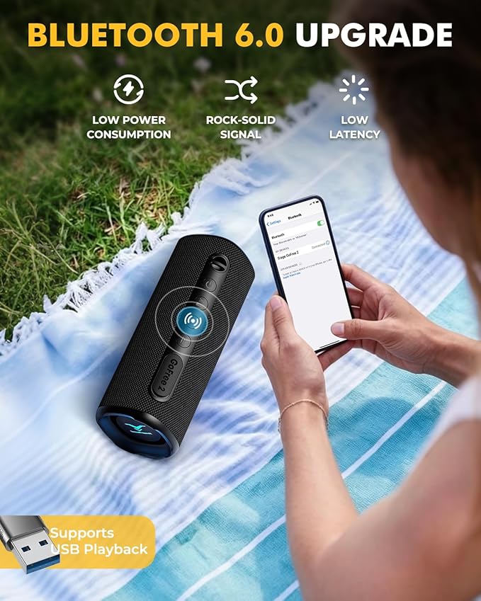 Portable Wireless Bluetooth Speaker, IP67 Waterproof Outdoor Speaker, Loud Bass, BT 6.0, 12H Playtime, RGB Colorful Lights, TWS Pairing & USB Playback, Rugged Built for Home, Beach, Pool Party, Shower