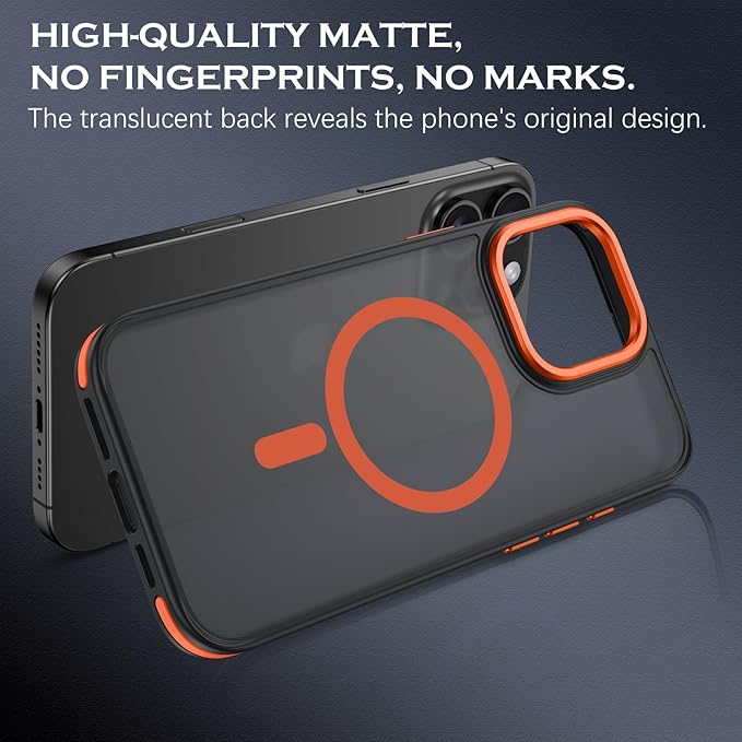 YINLAI Case for iPhone 16 Pro 6.3-Inch, iPhone 16 Pro Phone Case Magnetic [Compatible with Magsafe] Slim Translucent Matte Men Women Girls Shockproof Protective Back Cover, Black/Orange