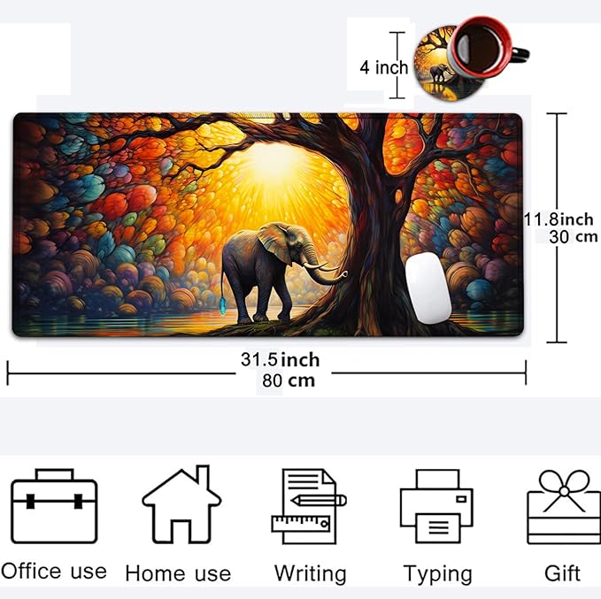 Large Mouse Pad, 31.5 x 11.8in Extended Gaming Mouse Pad with Stitched Edges,XXL Mousepad Protector Non Slip Rubber Base for Office Home Writing Mat, Colorful Tree of Life + Elephant Pattern Desk Mat