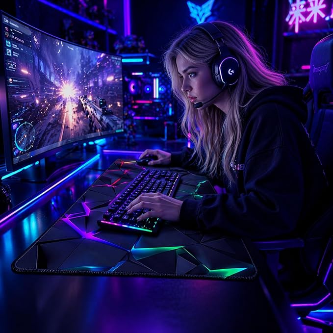 Blacklight Geometric Gaming Mouse Pad – UV Reactive Large Extended Glow in the Dark Waterproof Desk Mat with Non-Slip Rubber Base for Gamers, Office & Home - 31.5" x 11.8"