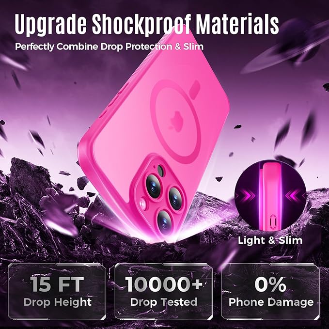 Symcele Designed for iPhone 15 Pro Case, Compatible with MagSafe, with Privacy Screen Protectors X2, [Camera Protection] [15FT Military Drop Protection] Shockpoof Phone Case, 6.1'', Hot Pink
