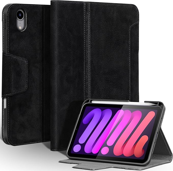 Gexmil Premium Leather Case for iPad mini 7 (A17 Pro) 2024 / iPad mini 6 Generation 2021 8.3 Inch,Pencil Holder, Magnetic Closure,Shockproof Cowhide Cover,Adjustable Stand,Sanded Black