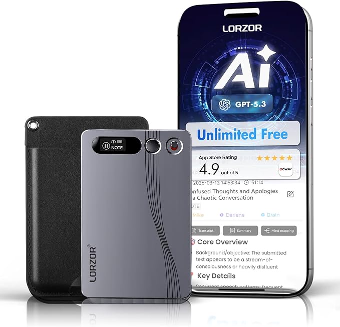 LORZOR AI Voice Recorder, Transcribe & Summarize, 64GB Audio Note Taker for Meetings & Calls, App Control, Support 152 Languages, Al Noise Cancellation Technology, Case & Lanyard Included, Gray