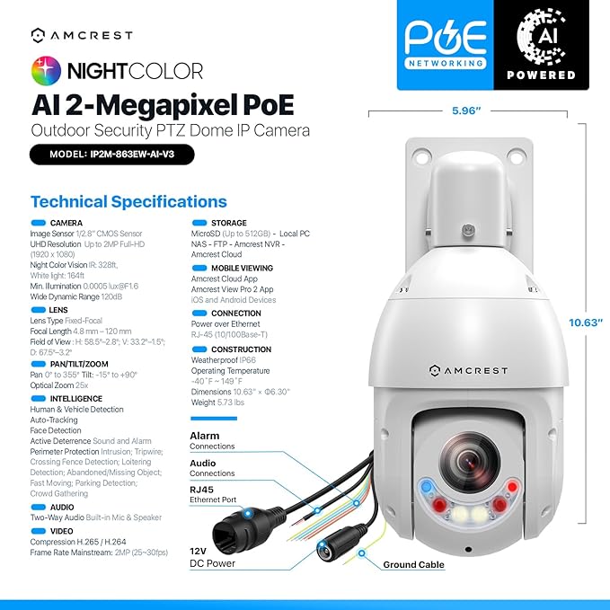 Amcrest 2MP Outdoor PTZ POE + IP Camera Pan Tilt Zoom (Optical 25x Motorized) Camera Security Speed Dome, CMOS Image Sensor, 328ft Night Vision, POE+ (802.3at) F1.6, IP66, IP2M-863EW-AI-V3