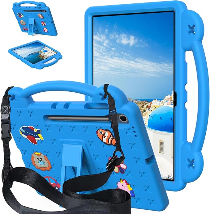 AKABEILA Compatible with Samsung Galaxy Tab A11 2025 Tablet Case, Kids Friendly Universal Lightweight Shockproof Protective Case with Shoulder Strap & Stand Handle Sky Blue