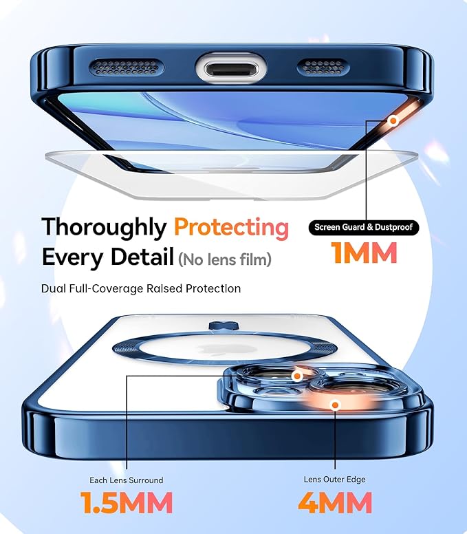Meifigno for iPhone 15 Case 6.1", [Glitter Card & Wrist Strap] [Compatible with MagSafe] [2X Screen Protectors] Surround Raised Camera Lens Protection for iPhone 15 Case, Deep Blue