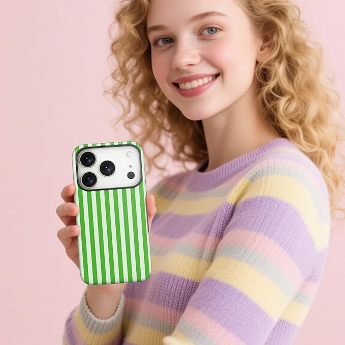 Magnetic for iPhone 17 Pro Max Case Cute Stripes Phone Case, Shockproof Slim TPU and Hard PC Protective Phone Cover Compatible with MagSafe Designed for Women Girls, Deep Green
