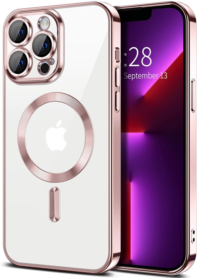 Hython Magnetic Clear for iPhone 13 Pro Max Case with Camera Lens Protector [Compatible with MagSafe] Plating Edge Slim Soft TPU Cover Protective Phone Case for iPhone 13 Pro Max 6.7", Pink