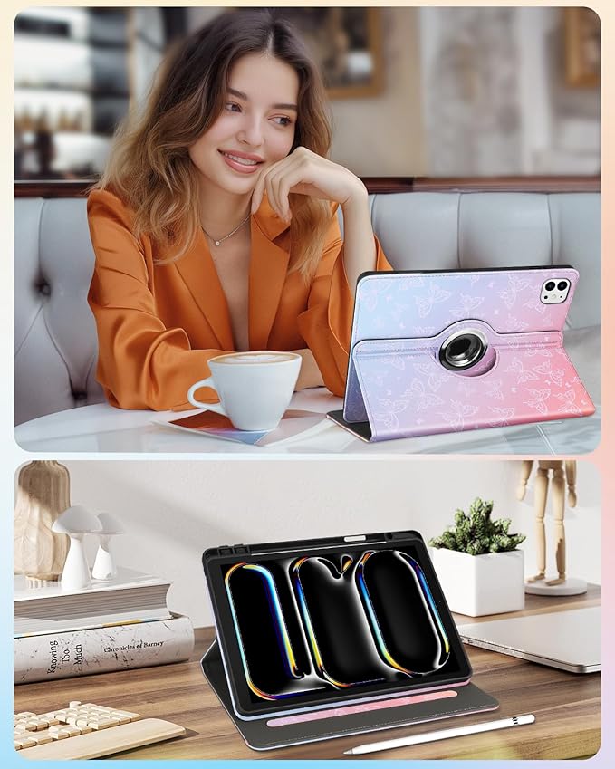Kidcube for iPad Pro 13 Inch Case M4 2024 - Women Girls Kids Cute Rotating Stand Folio Cover with Pencil Holder & Card Slot Kawaii Butterfly Design for iPad Pro 13 Inch Case 2024 (A2925 A2926 A3007)