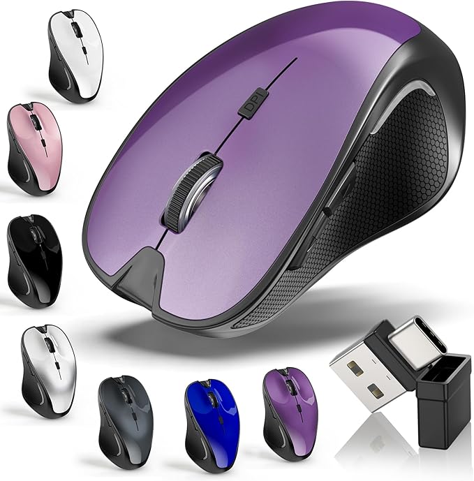 Mouse for MacBook Bluetooth Wireless Mouse Laptop MacBook Air Mac Pro Silent Rechargeable PC iPad Optical Mouse with Jiggler Dual Mode Switch Bluetooth 5.2/3.0 and 2.4GHz USB Type-C Receiver PURPLE