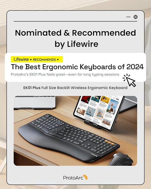 ProtoArc Backlit Bluetooth Ergonomic Keyboard, EK01 Plus Full Size Wireless Split Keyboard with Dual Bluetooth and USB, Cushioned Wrist Rest, Rechargeable, Compatible with Windows/Mac/Android, Black