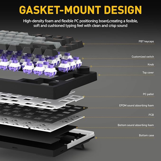 DAREU EK75PRO Wireless Mechanical Gaming Keyboard,75% Hot Swap Creamy Keyboard with Knob,RGB Backlit,Gasket Custom Structure,PBT Keycaps,2.4Ghz/BT5.1/USB-C, for Win/MAC