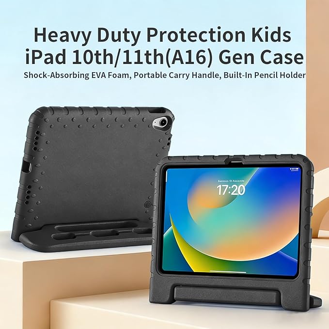 Case for iPad A16 11th (2025)/iPad 10th Gen (2022) with Pencil Holder & Handle Stand, Super Protection EVA Kids Friendly Cover for iPad 11"(A16)/10th Generation 10.9"-Black