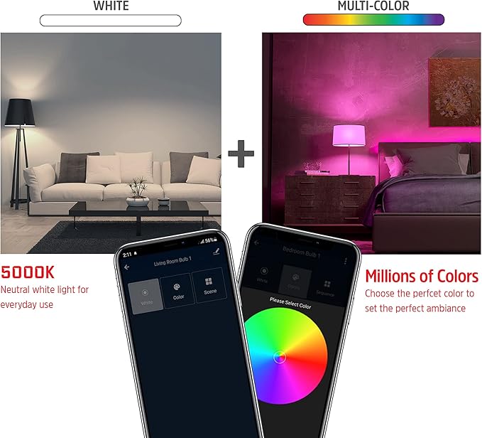 XTREME Energizer Connect Smart A19 LED White & Multi-Color RGB Light Bulbs with Voice Control and Remote Access Through Your Smartphone | Compatible with Alexa and Google Assistant, 2 Pack