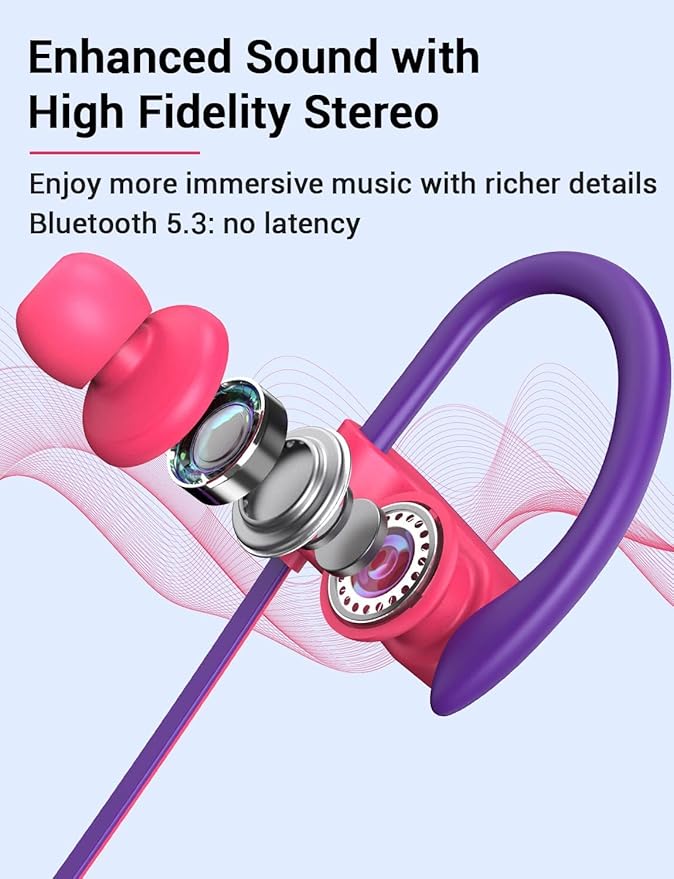 Bluetooth Headphones, Bluetooth 5.3 IPX7 Waterproof Wireless Sports Earbuds for Workout Gym, 16 Hrs Playtime Running Headphones with Noise Cancelling Mic, HiFi Bass Stereo in-Ear Earphones