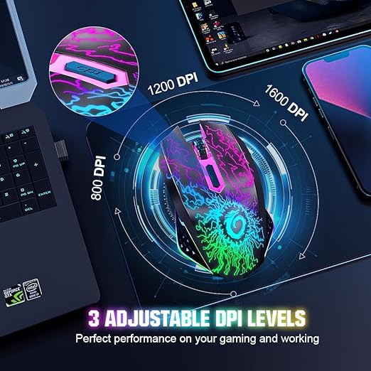 VersionTECH. Wireless Gaming Mouse, Rechargeable Computer Mouse Mice with Colorful LED Lights, Silent Click, 2.4G USB Nano Receiver, 3 Level DPI for PC Gamer Laptop Desktop Chromebook Mac-Black