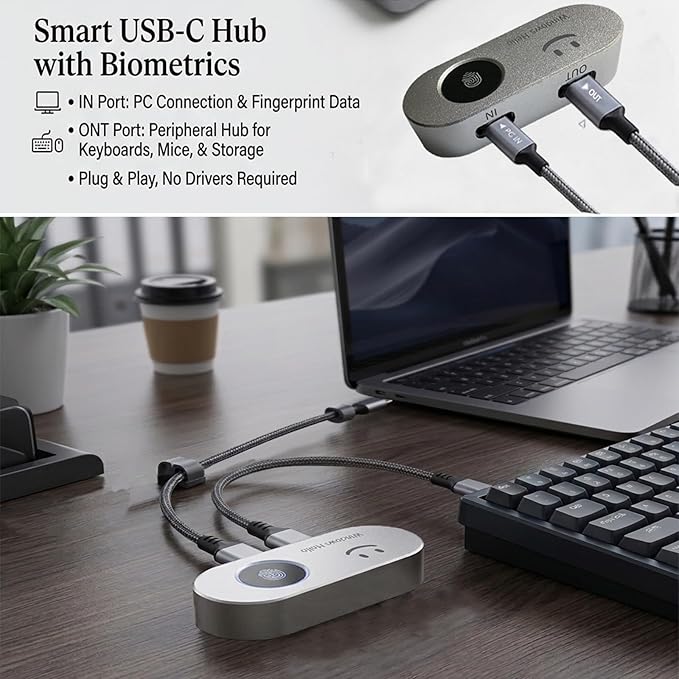 Portable USB Fingerprint Reader for Windows 10/11 PC and Laptops, Windows Hello Biometric Scanner, 360° Touch, Fast Login (<1 Second), Type-C Fingerprint Reader with Security Key.