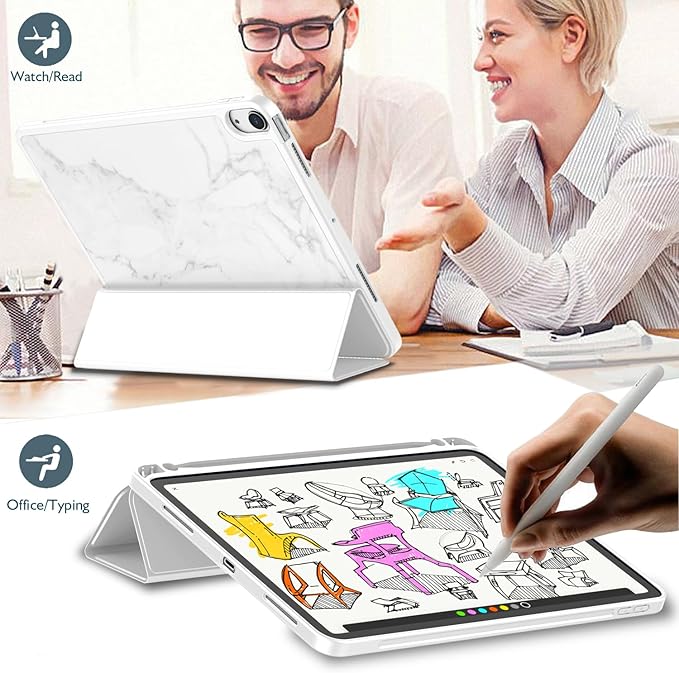 iMieet iPad Air 11 Inch Case M4/M3/M2(2026/2025/2024), iPad Air 5th/4th Generation Case 2022/2020 10.9 Inch with Pencil Holder,Trifold Stand Smart Case with Soft TPU Back(New Marble White)
