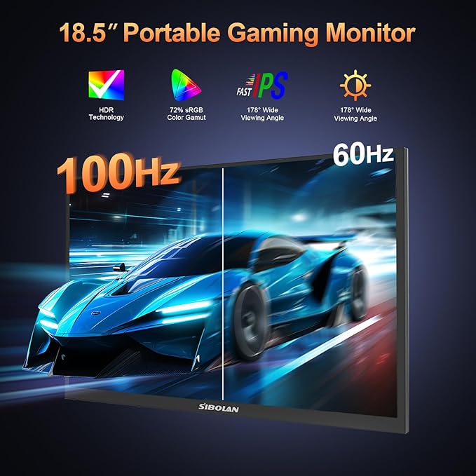 Portable Monitor 18.5inch 1080P FHD 100Hz Refresh Rate Gaming Monitor, 72% sRGB, IPS Panel, Dual USB-C & Mini-HDMI for Laptop, PC, Phone, Built-in Kickstand, Speakers