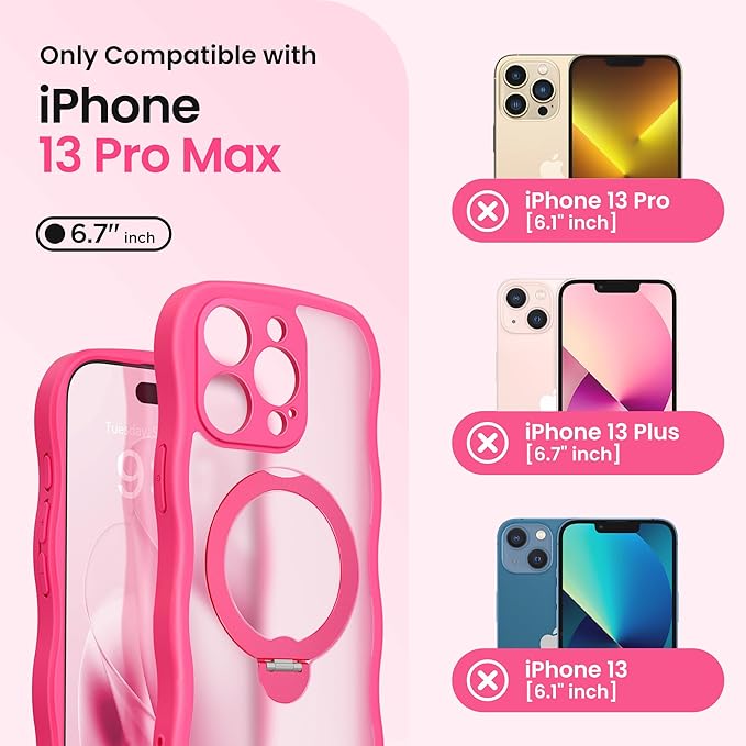 CAPRARO for iPhone 13 Pro Max Case with 360° Spin Magnetic Stand for Women, [Compatible with MagSafe] [Full Camera Protection] Cute Wave Translucent Matte Case for iPhone 13 Pro Max, Hot Pink