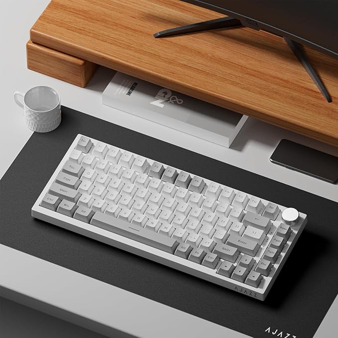 FIRSTBLOOD ONLY GAME. AK820 Wired 75% Mechanical Keyboard, Hot-Swappable Gasket-Mounted Gaming Keyboard with Red Switches, 81 PBT Keycaps Grey-White Layout, Multimedia Keys Knob, White Backlit