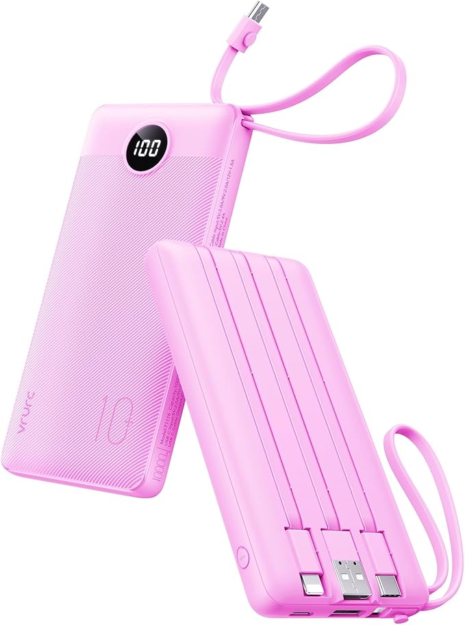 VRURC Power Bank for iPhone, Compact Portable Charger Built in Cables, 10000mAh Flight-Safe Battery Pack,5 Output USB C External Phone Charger for iPhone 17 Pro 17 16 15 14 13,Samsung-Purple(1 Pack)