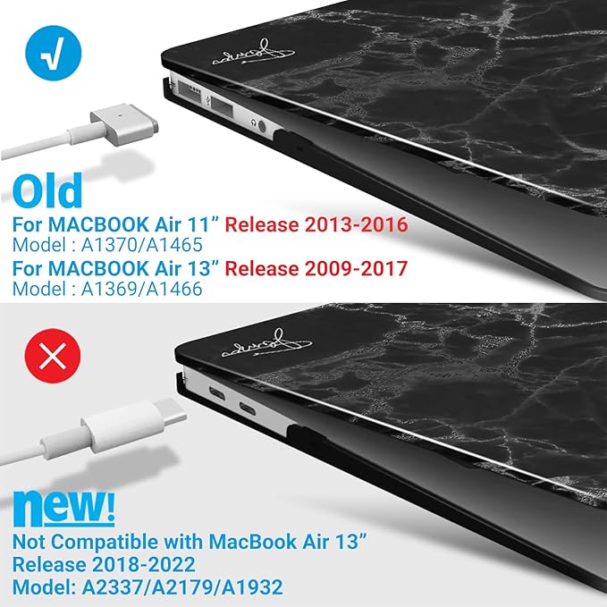IBENZER Compatible with Old Version MacBook Air 13 Inch Case (2010-2017 Release). Models: A1466 / A1369, Plastic Hard Shell Case with Keyboard Cover for Mac Air 13, Black Marble, A13BKMB+1