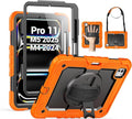 SEYMAC for iPad Pro 11 Inch Case M5 2025 / M4 2024, Heavy Duty Shockproof Protective Case with Screen Protector, 360° Rotating Stand, Hand/Shoulder Strap and Pen Holder, Orange