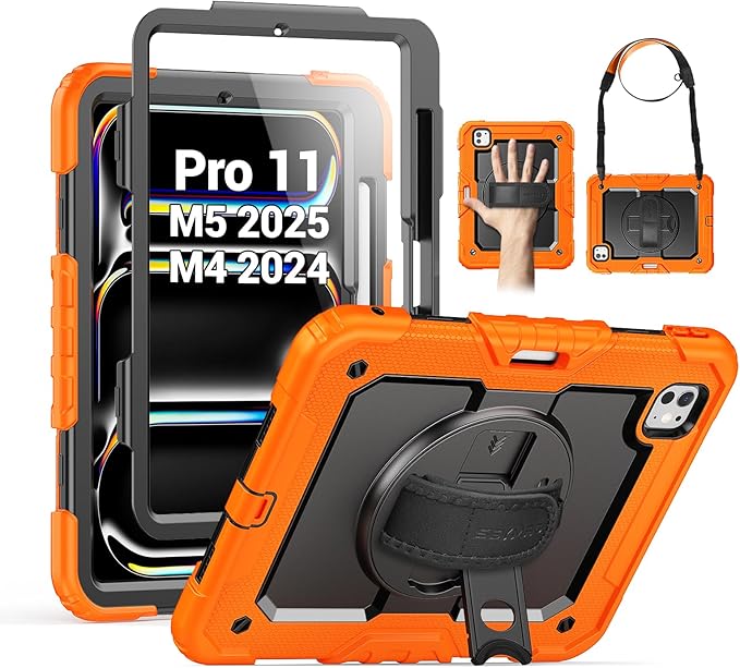 SEYMAC for iPad Pro 11 Inch Case M5 2025 / M4 2024, Heavy Duty Shockproof Protective Case with Screen Protector, 360° Rotating Stand, Hand/Shoulder Strap and Pen Holder, Orange