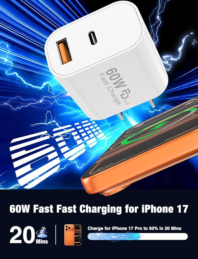 60W USB C Fast Charger for iPhone 17/16/15 Pro Max Charger,2-Pack PD 3.0 Dual Port Wall Charger Block with 6Ft+10Ft USB C Cable,Super Fast Charging for iPhone 17/16/15/Air Series,iPad Pro,White
