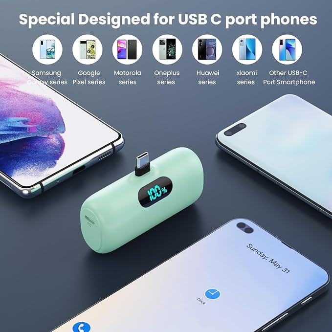 [2-Pack] Mini Portable Charger 5000mAh Power Bank,3A PD USB C Cell Phone Portable Power, LCD Display Battery Pack Compatible with iPhone 17/17 Air/16/16 pro/15/15 pro Max/Android/Samsung/Moto/LG etc