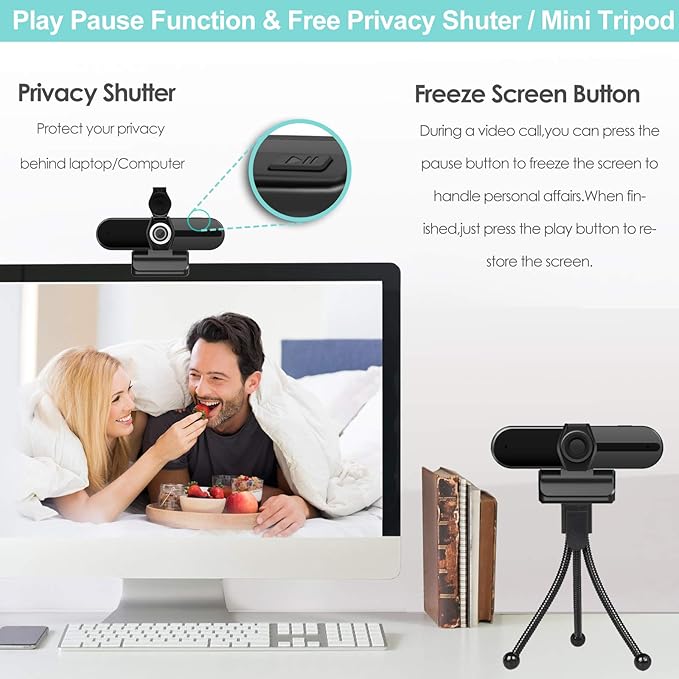 UHD 4K Webcam with Microphone: 8MP USB Computer Web Camera with Privacy Shutter and Tripod, External Webcam Pro Streaming Webcams PC Cam w/Mic Noise Reduction for Winsdows Mac OS Desktop Laptop