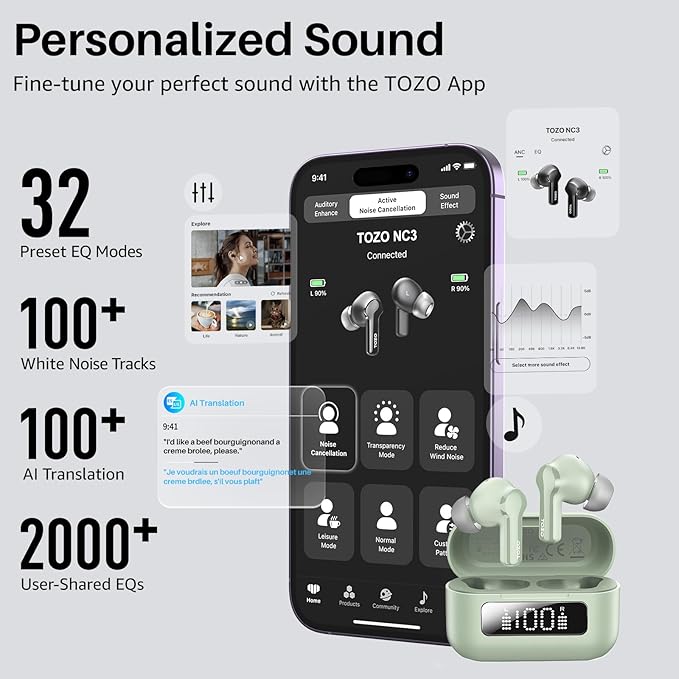 TOZO Hybrid Active Noise Cancelling Wireless Earbuds with 6 Mics AI Clear Call Ear Buds 68H Playtime with LED Display 32 Preset EQs via APP Bluetooth 5.3 IPX8 Waterproof in Ear Headphones