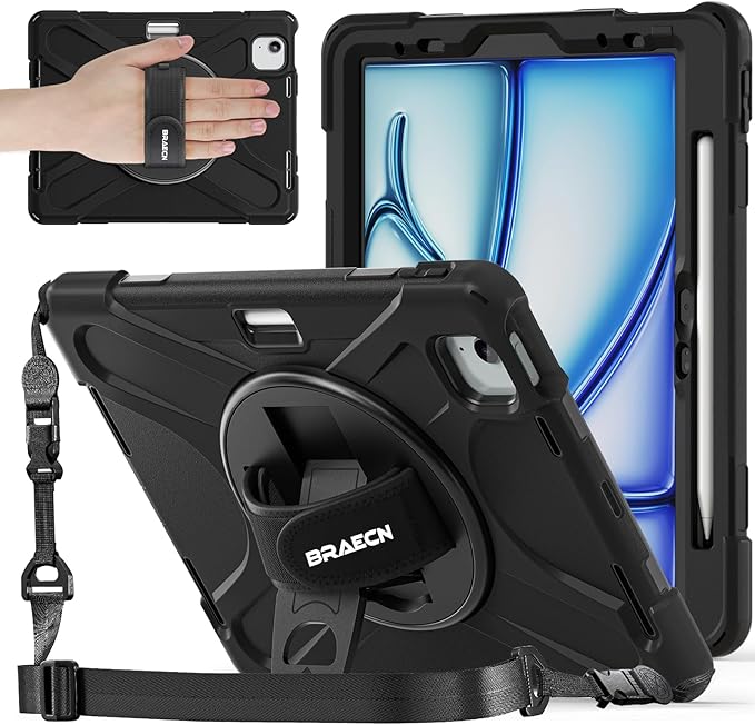 BRAECNstock Case for Apple iPad Air 11 inch (M4/M3/M2)/ Air 5th/4th Gen 10.9"/ Pro 11 inch 4th/3rd/2nd/1st Gen, Shockproof Protective Kids Case with Pencil Holder, Rotating Hand Strap & Stand, Black