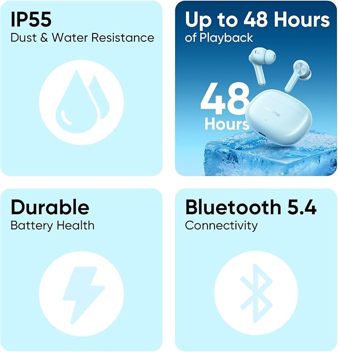 realme Buds T200x True Wireless Earbuds with 12.4mm Dynamic Bass Drivers, 25 dB ANC, Quad Mic, 45ms Latency, Upto 48 Hrs Playback, Fast Charge, IP55 Rated, BT 5.4 - (Blue)