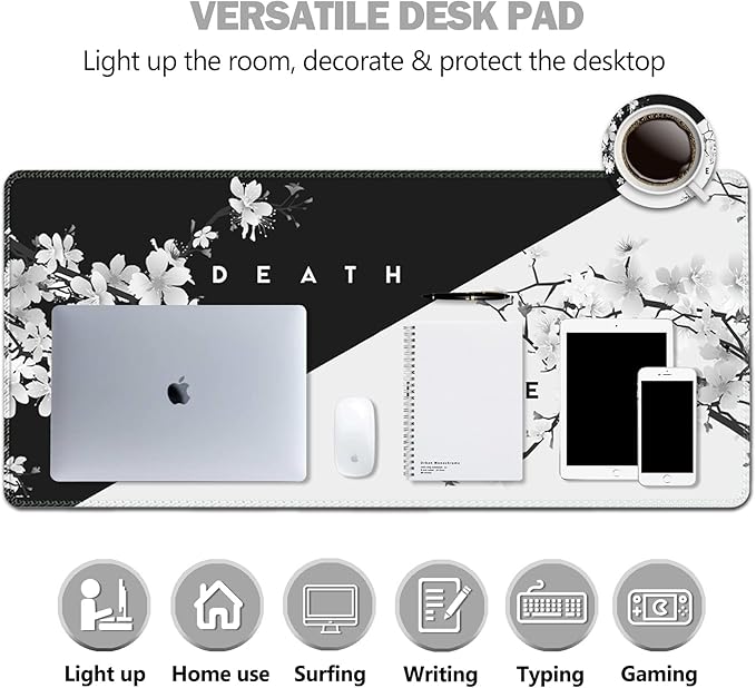 AIMSA Extended Gaming Mouse Pad, XL Large Keyboard Mouse Mat Desk Pad with Stitched Edges, Durable Non-Slip Base Mousepad for Home Office, 35x15.7inch, Black White Cherry Blossom