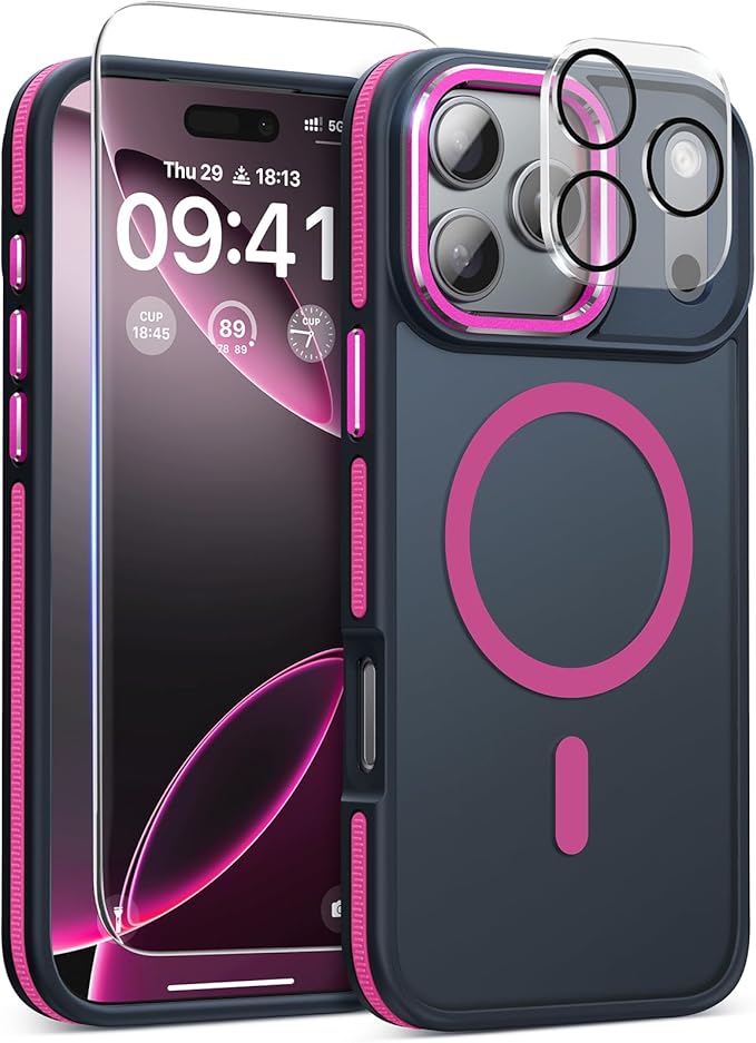 Magnetic 3 in 1 for iPhone 17 Pro Case, [Omni-Directional Protection] with 1x Screen Protector + 1x Camera Cover, [Seamless Work with Magsafe] Shockproof Slim Thin Case for iPhone 17 Pro Hot Pink