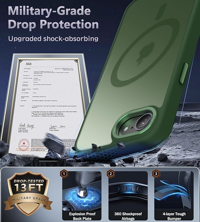 Newfuture Designed for iPhone 17e Case & iPhone 16e Case with Magnetic [13 FT Military Drop Protection] [Compatible with Magsafe] Translucent Shockproof with Anti-Fingerprint Phone Case, Dark Green
