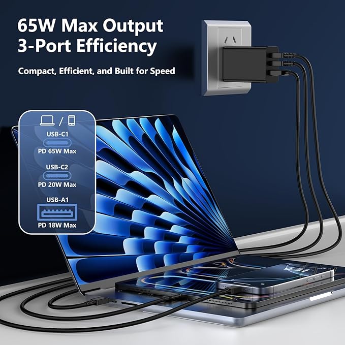 65W USB C Charger Block,3 Port GaN+ USB-C Wall Charger,100W PD Type C Multi Port Power Super Fast Charging Block Adapter&6FT Cable for Samsung Galaxy S26 Ultra/25/24,iPhone 17/16/15,iPad,MacBook