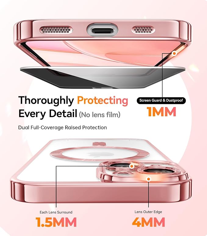 Meifigno Magnetic Case for iPhone 15 Plus 6.7’’, [Compatible with MagSafe] [1X HD+1X Privacy Screen Protectors] [Glitter Card & Wrist Strap] Surround Lens Protection for iPhone 15 Plus Case, Rose Gold