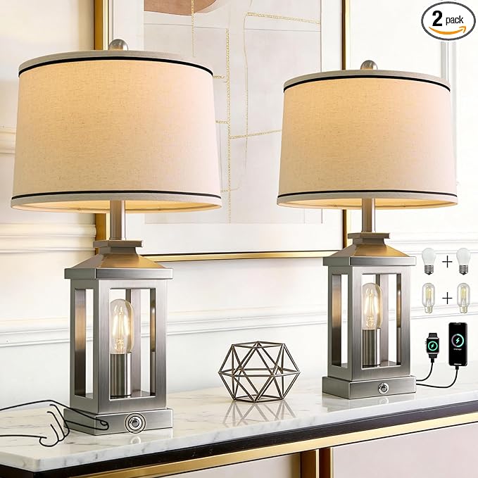 G-SAFAVA 24" Table Lamps for Living Room Bedroom Modern Metal Bedside Lamps Set of 2 Nightstand Lamp for Night Stands 3 Way Dimmable Touch Lamp with USB C+A Ports and 2 Light Sources, 4 Bulbs Includes