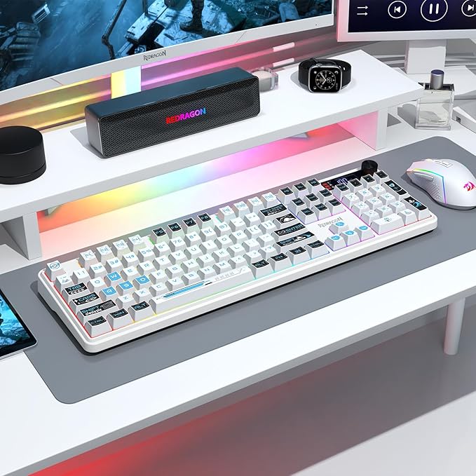 Redragon K526 PRO RGB Wireless Membrane Gaming Keyboard, 104 Keys Mechanical-Feel Keyboard w/LED Info Display, Media/Backlit Knob Control, Smooth Linear Switch & Software Supported