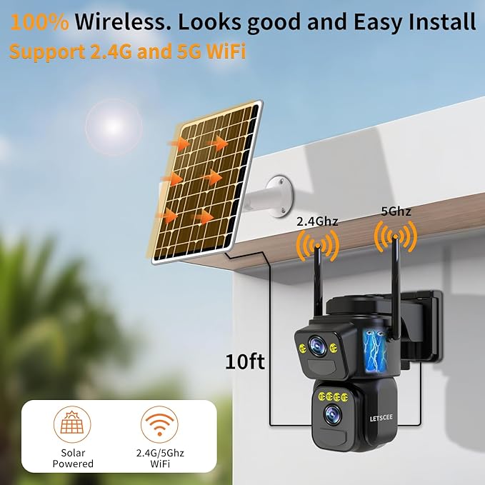 LETSCEE Security Cameras Outdoor WiFi,5G/2.4G Cameras for Home Security Solar Power with Dual Lens,Motion Detection,Night Vision,2-Way Audio,Weather Proof,No Subscription Fee