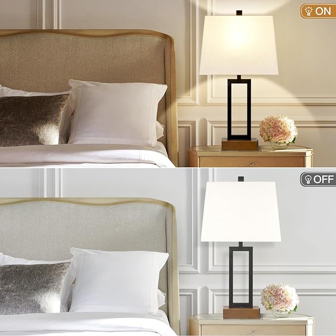 Rinweey 23.5" Table Lamps Set of 2, Modern Black Bedside Lamps with 2 USB Ports & AC Outlet, Contemporary Nightstand Lamps with Wood Base for Bedroom Living Room(LED Bulb Included)