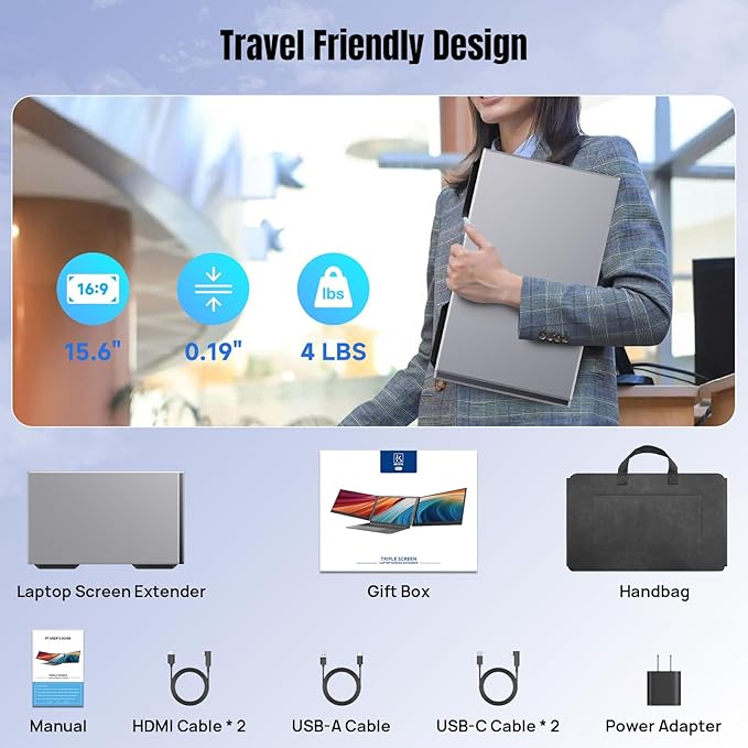 KEFEYA Laptop Screen Extender 15.6", 1080P FHD IPS Ultra-Slim Triple Portable Monitor for Laptop 12-17.3", Eyes Care HDR Travel Monitor, USB-C/HDMI Plug-Play Monitor Extender for macOS/Win and Phone