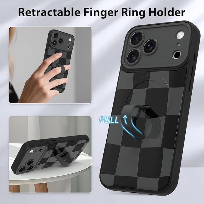 KANGHAR Compatible with iPhone 17 Pro Max Case, Support for MagSafe, Silicone Checkered Cute Pattern, Wristband Kickstand Camera Protection Soft Slim Cover for Girls Women -Black