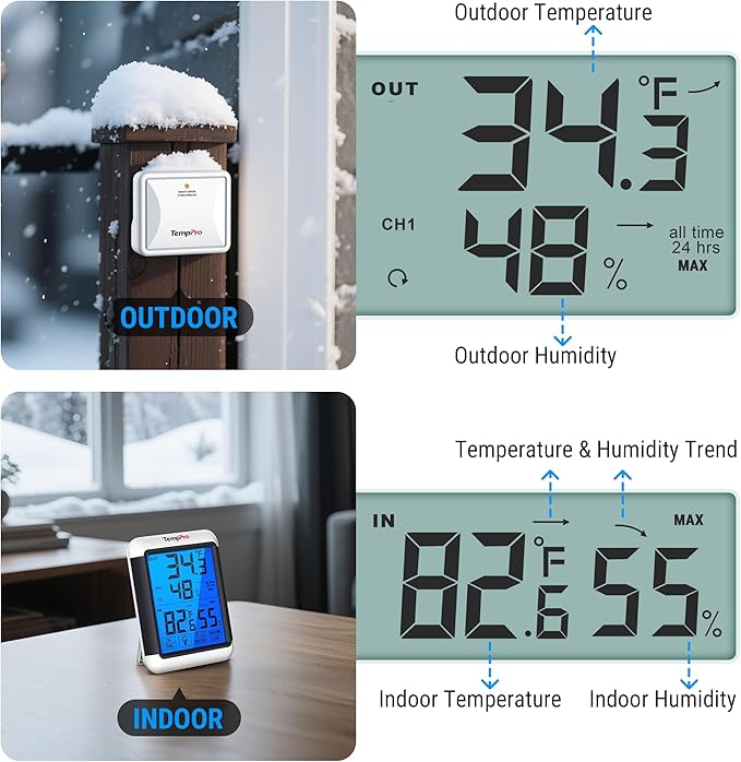 TempPro TP65 Indoor Outdoor Thermometer Digital Wireless Hygrometer Temperature Humidity Monitor with Jumbo Touchscreen and Backlight Humidity Gauge,LCD (Previously ThermoPro)