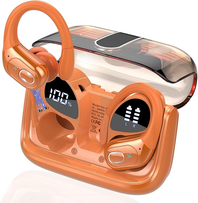 Wireless Earbuds 75hrs Bluetooth 5.4 Headphone Sport, 2026 Bluetooth Earbuds HIFI Stereo Over Ear Bud with Earhooks, ENC Noise Cancelling Mic, IPX7 Waterproof Earphone for Gym/Workout, Cosmic Orange