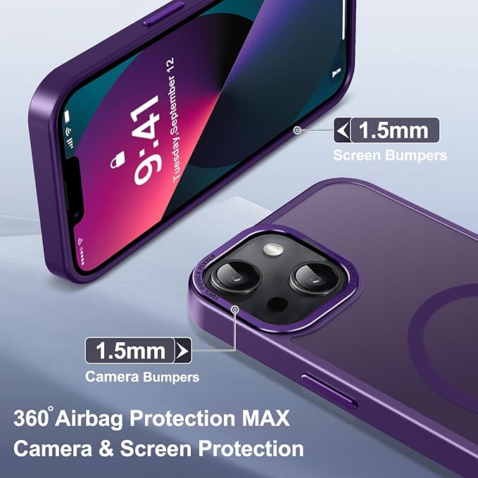Newfuture Designed for iPhone 13 Case & iPhone 14 Case with Magnetic [13 FT Military Drop Protection] [Compatible with Magsafe] Translucent Shockproof with Anti-Fingerprint Phone Case, Deep Purple
