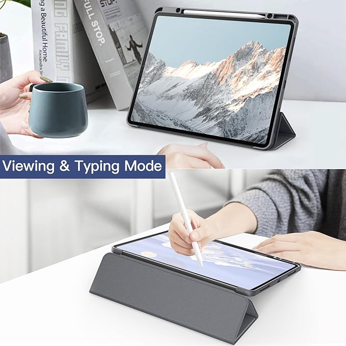 JETech Case for iPad Pro 12.9-Inch (2022/2021/2020/2018) with Pencil Holder, Clear Transparent Back Shell Slim Stand Shockproof Tablet Cover, Auto Wake/Sleep (Space Gray)